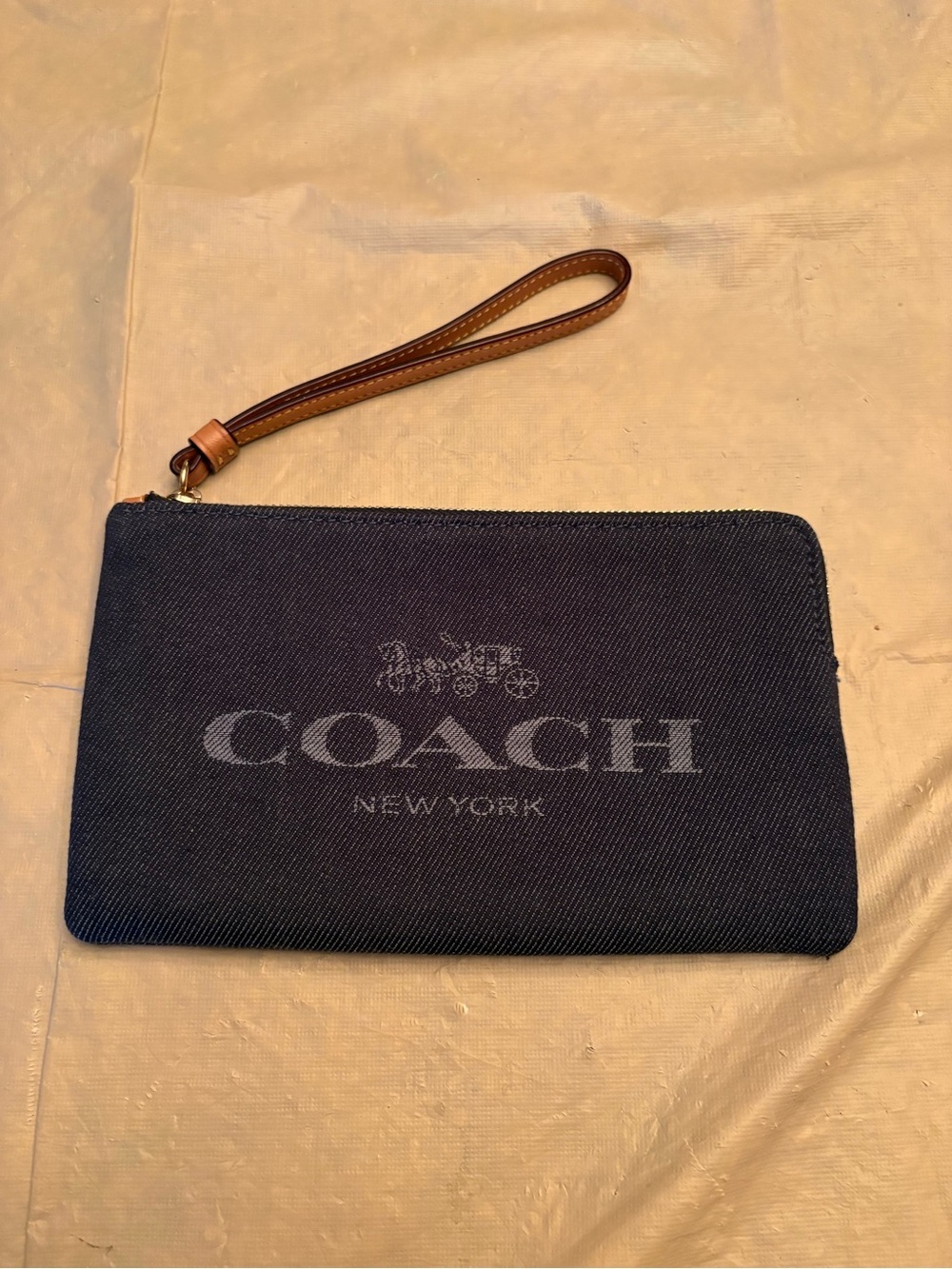 Coach Large Corner Zip Wristlet in Denim with Brown Leather Strap